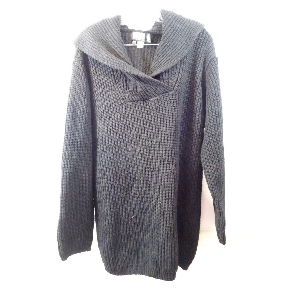 DKNY Donna Karan New York Black Wool Hooded Sweater Petite Chunky Knit Vintage